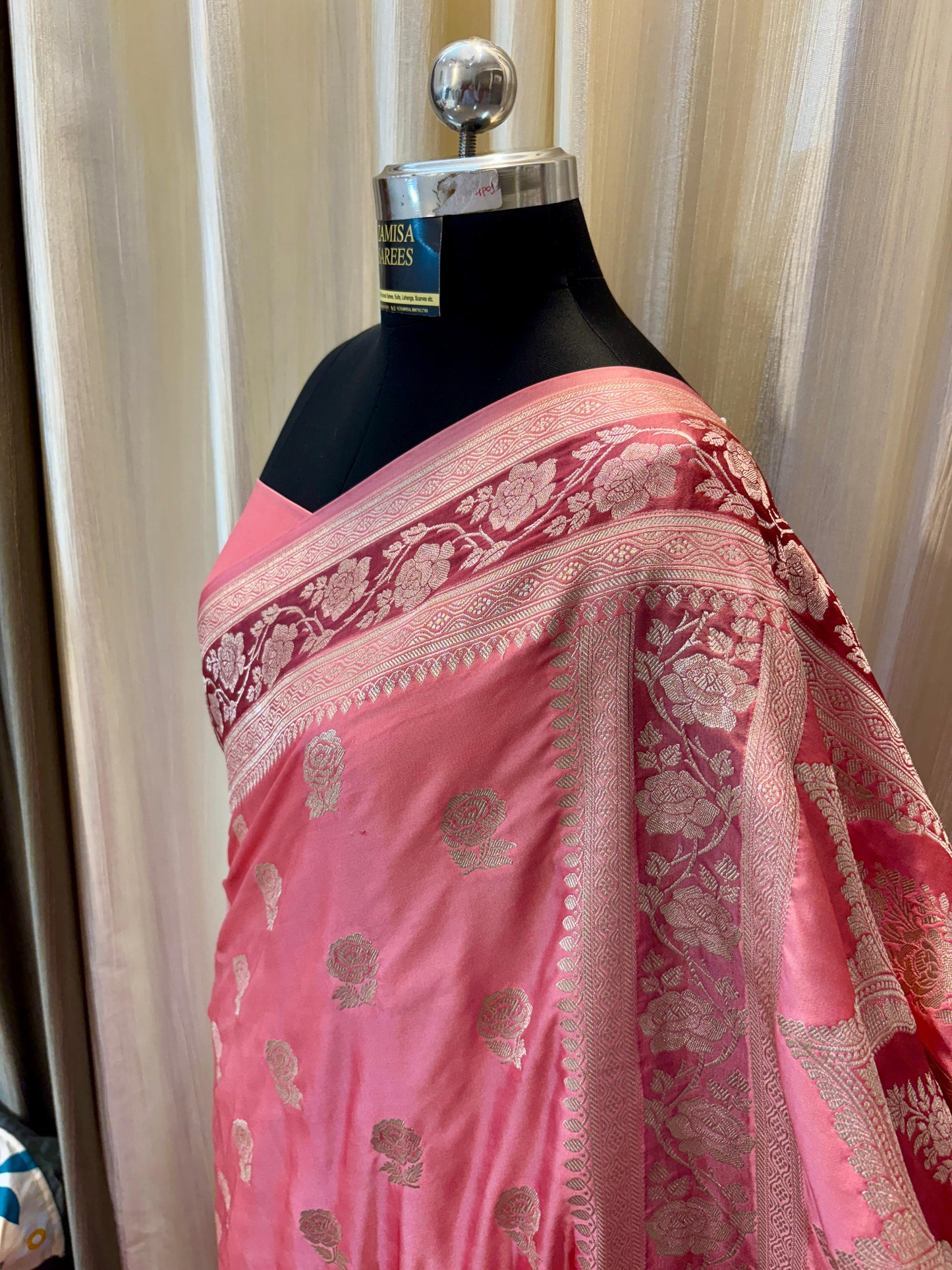 Graceful Pink Banarasi Silk Saree with Golden Zari Floral Motifs