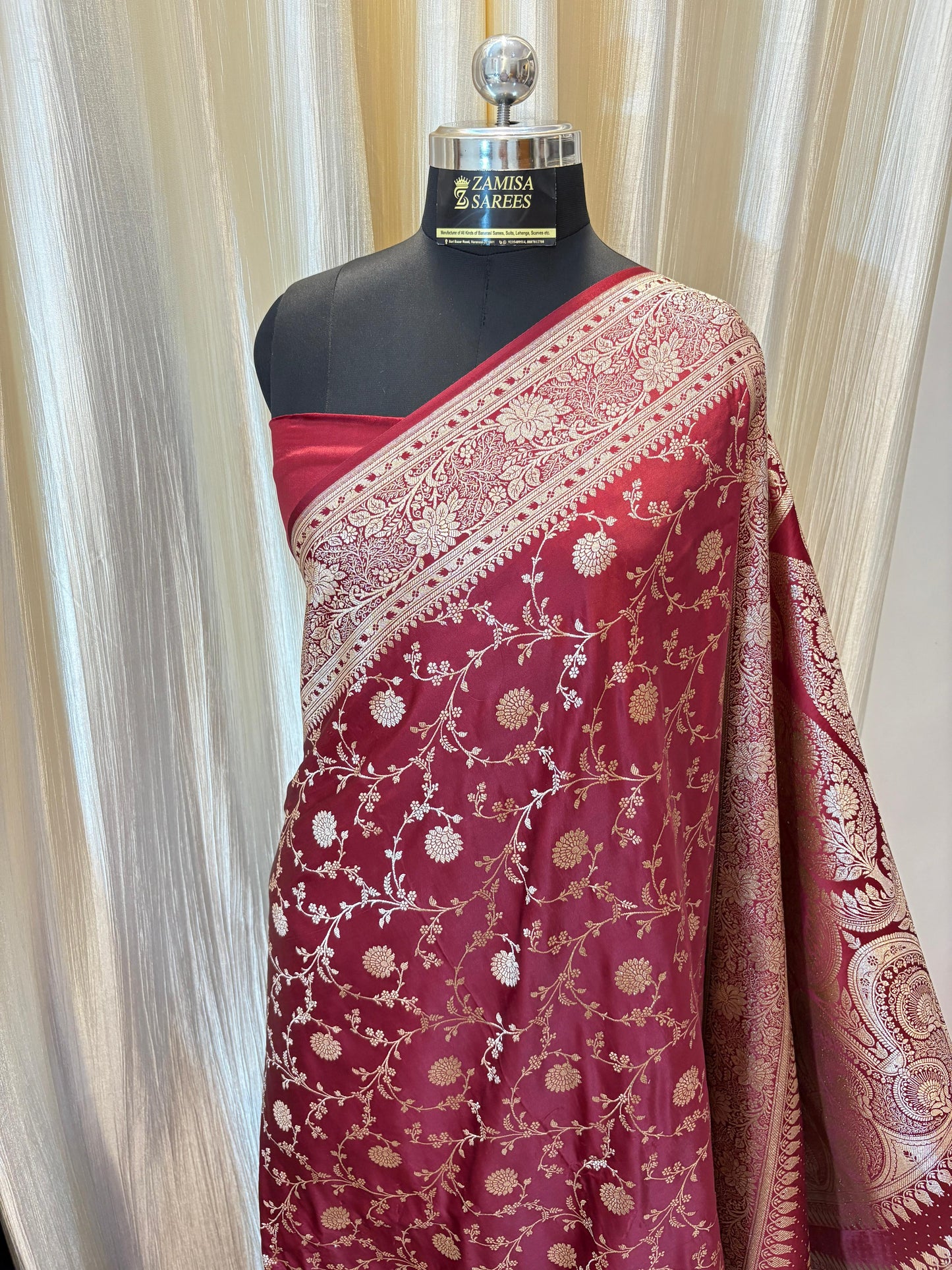 Maroon Banarasi Silk Saree with Intricate Golden Zari Work