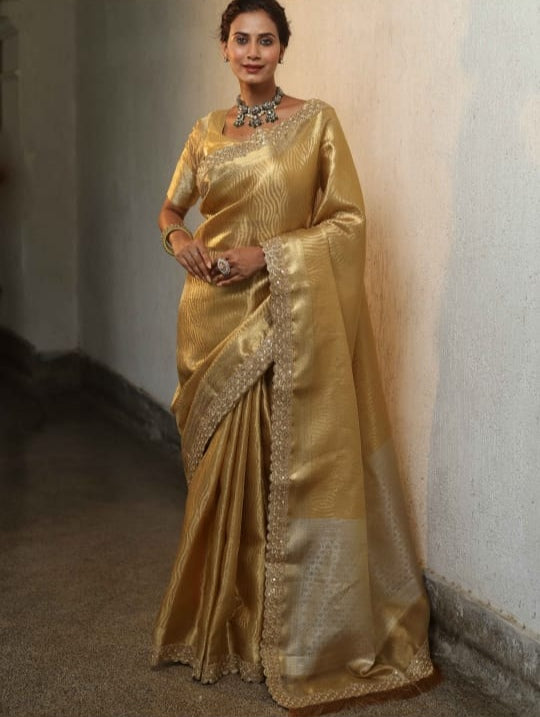 Golden Banarasi Premium Tissue Silk Saree with Lace Work