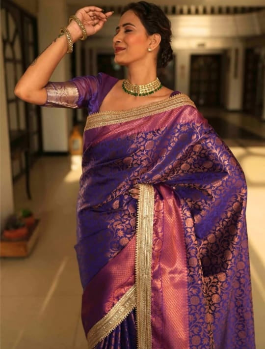 Elegant Purple Banarasi Saree In Tissue Silk with Lace Work