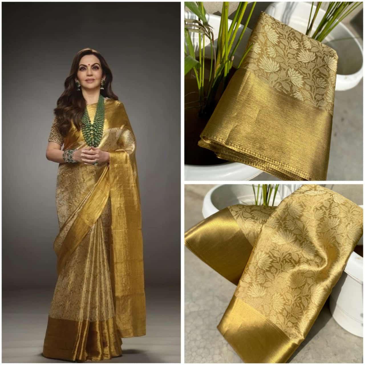 Classic Golden Tissue Silk Saree with Intricate Floral Weaving