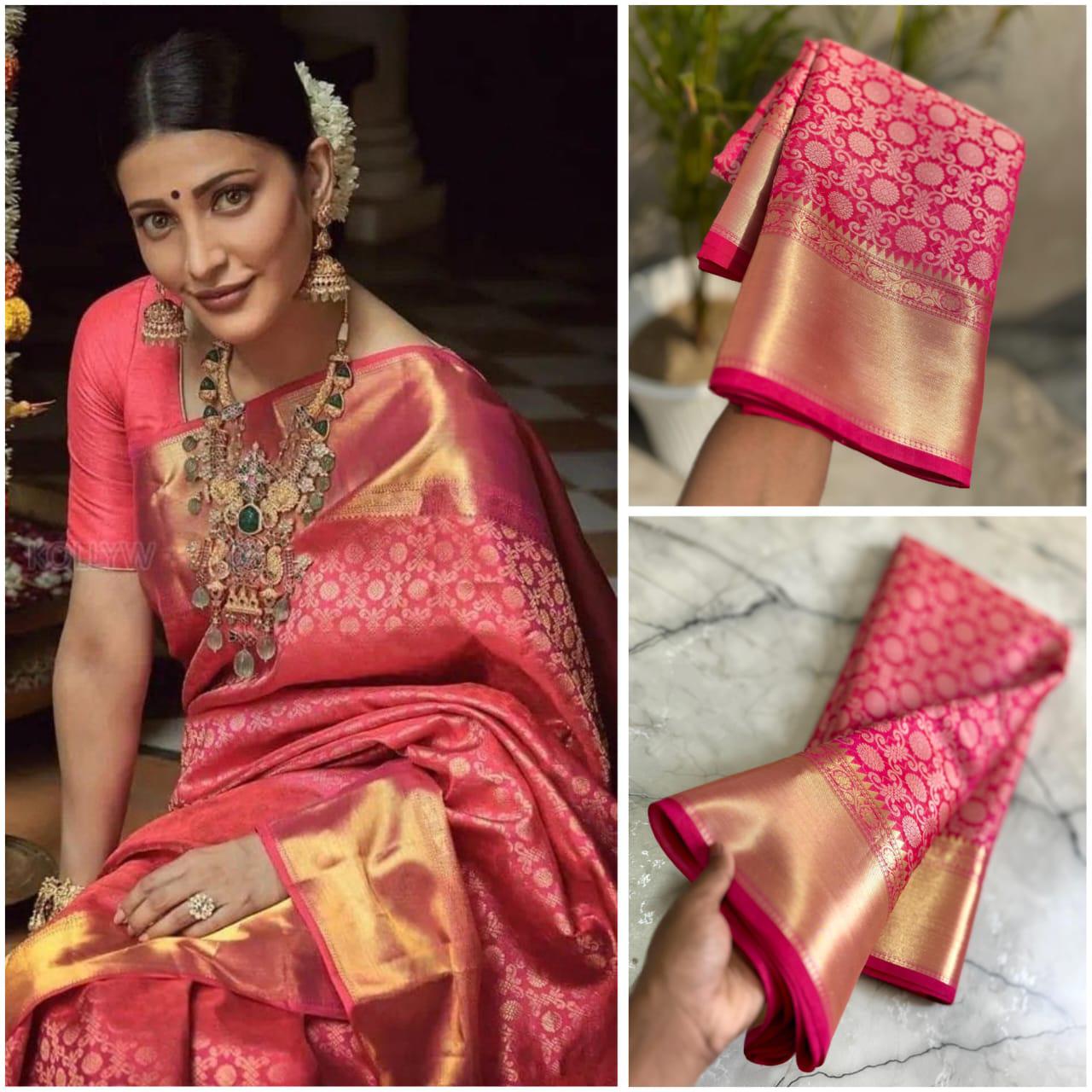 Pink Tissue Silk Saree with Golden Zari Weaving