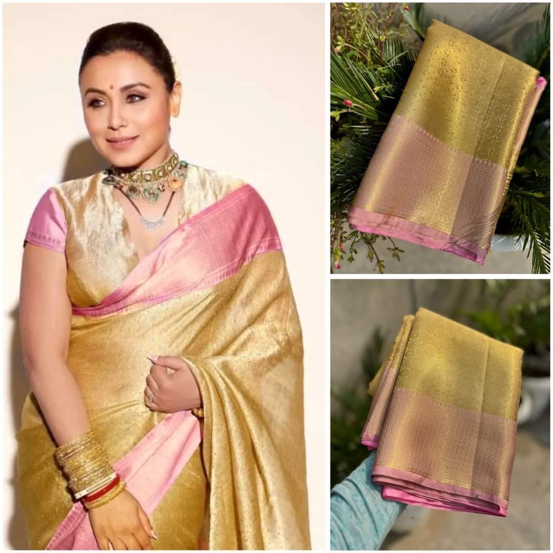 Golden Tissue Silk Saree with Contrast Pink Border
