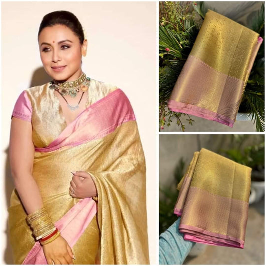 Golden Tissue Silk Saree with Contrast Pink Border