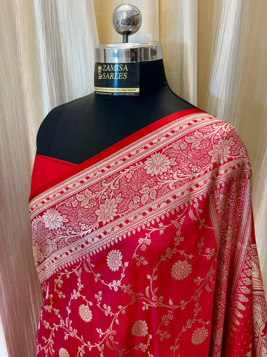 Elegant Red Banarasi Silk Saree with Golden Zari Weaving