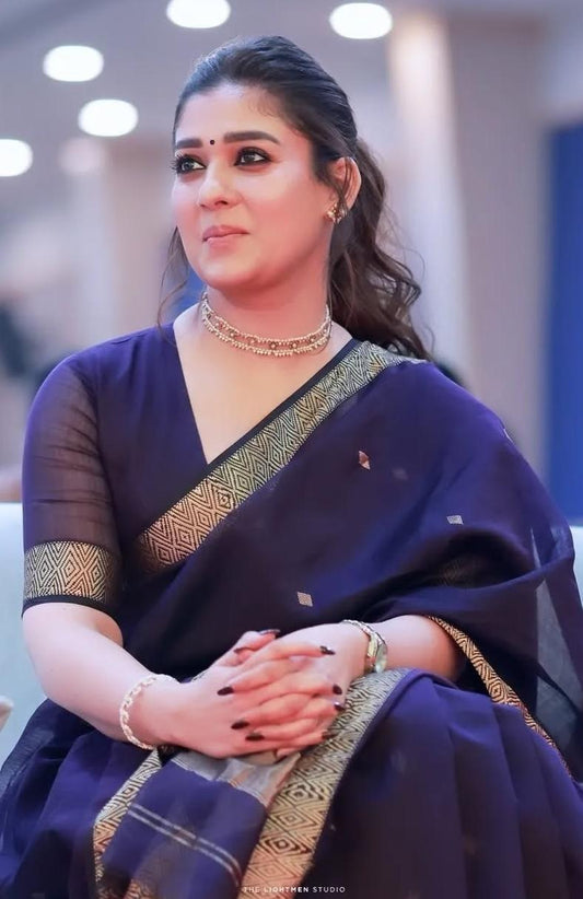 Elegant Navy Blue Tissue Silk Saree with Geometric Zari Border
