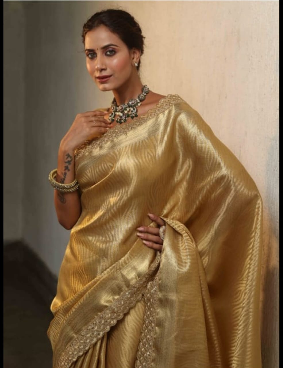 Golden Banarasi Premium Tissue Silk Saree with Lace Work