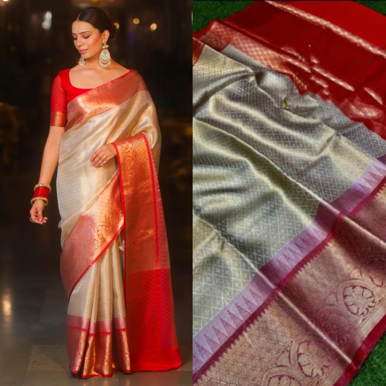Premium Banarasi Beige and Red Tissue Silk Saree