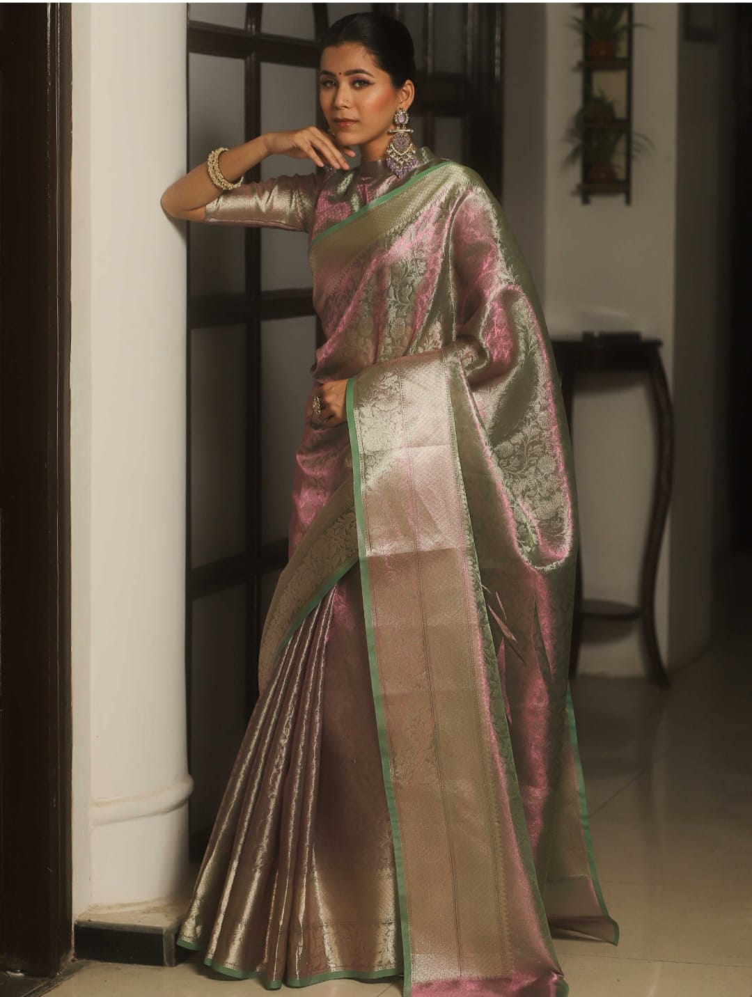 Aishani Pink Dual Tone Banarasi Tissue Silk Saree