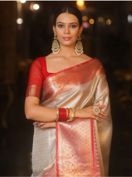 Premium Banarasi Beige and Red Tissue Silk Saree