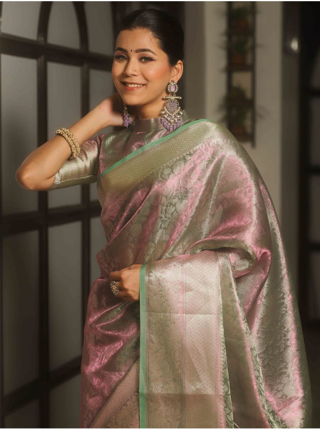 Aishani Pink Dual Tone Banarasi Tissue Silk Saree