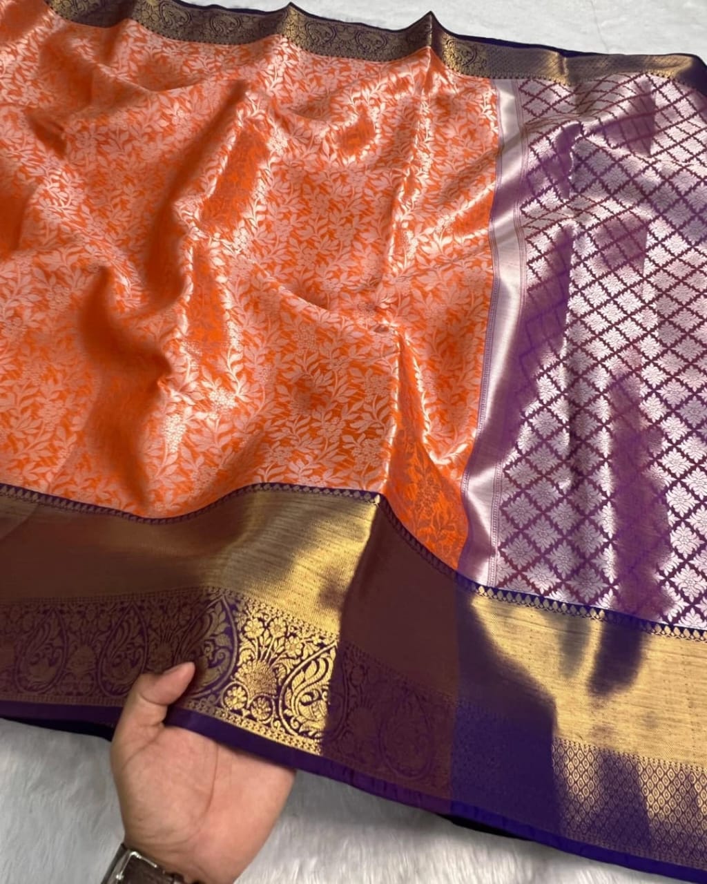 Beautiful Banarasi Tanchui Silk Saree in Colors of Orange and Wine