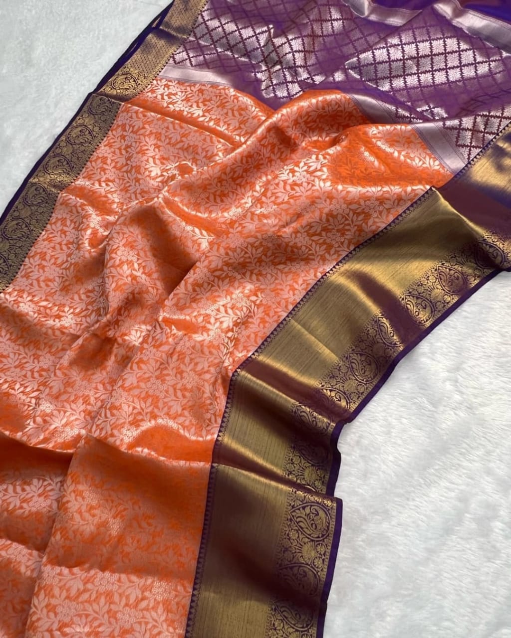 Beautiful Banarasi Tanchui Silk Saree in Colors of Orange and Wine