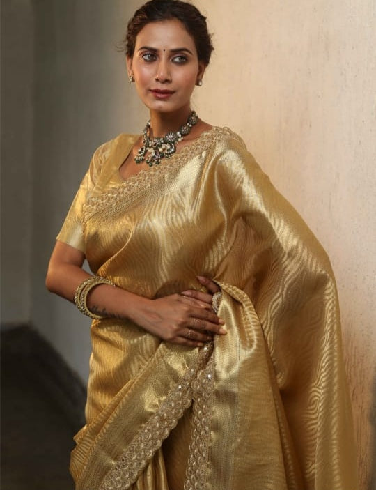 Golden Banarasi Premium Tissue Silk Saree with Lace Work