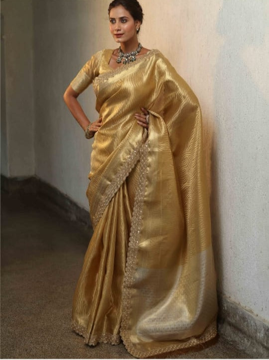 Golden Banarasi Premium Tissue Silk Saree with Lace Work