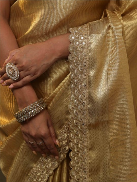 Golden Banarasi Premium Tissue Silk Saree with Lace Work