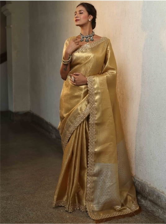 Golden Banarasi Premium Tissue Silk Saree with Lace Work