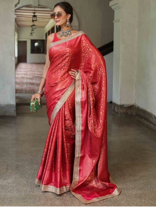 Red Banarasi Tanchui Silk Saree with Lace Work