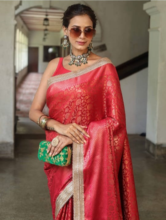 Red Banarasi Tanchui Silk Saree with Lace Work