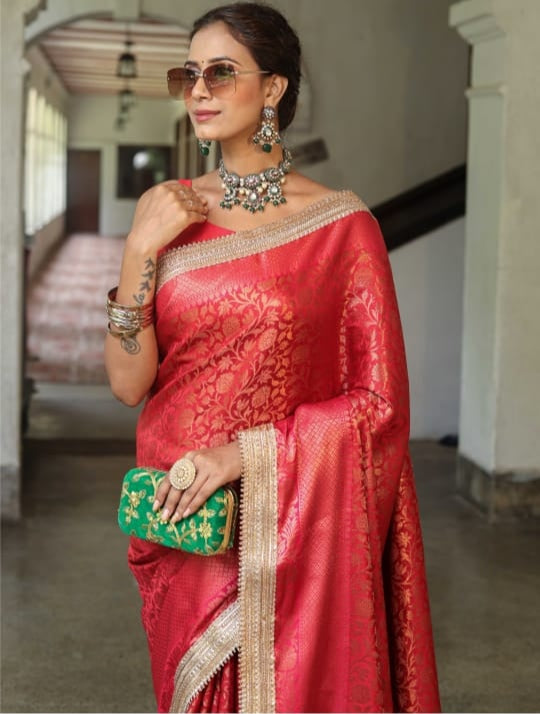 Red Banarasi Tanchui Silk Saree with Lace Work