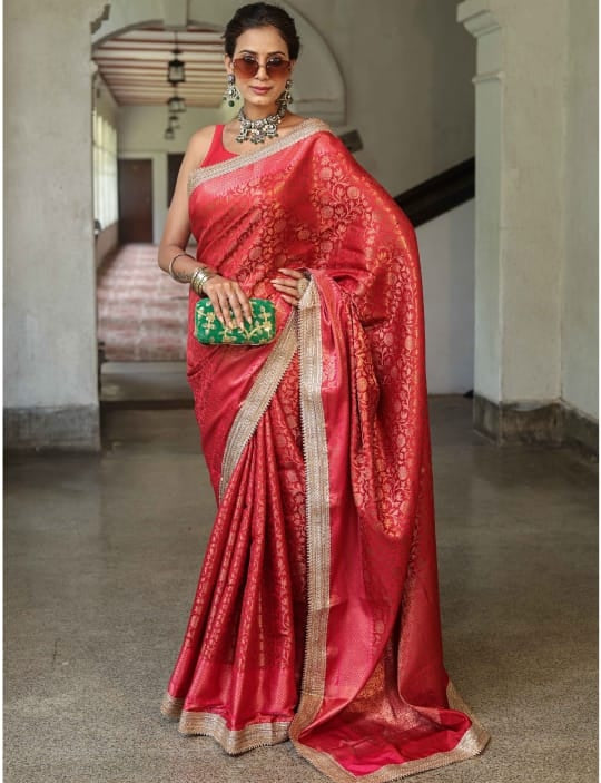 Red Banarasi Tanchui Silk Saree with Lace Work