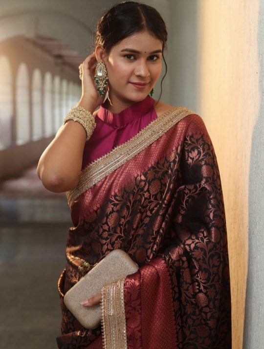 Black Premium Banarasi Tanchui Silk Saree with Lace Work