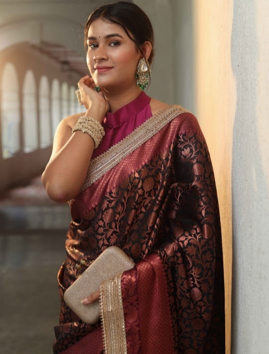 Black Premium Banarasi Tanchui Silk Saree with Lace Work