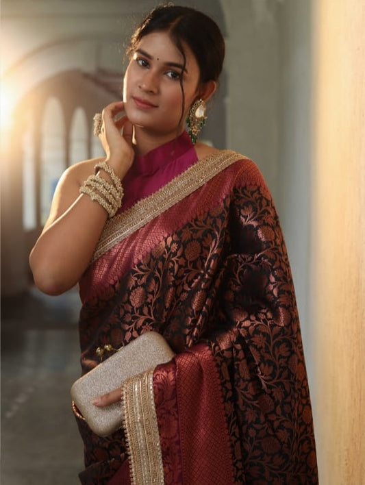 Black Premium Banarasi Tanchui Silk Saree with Lace Work