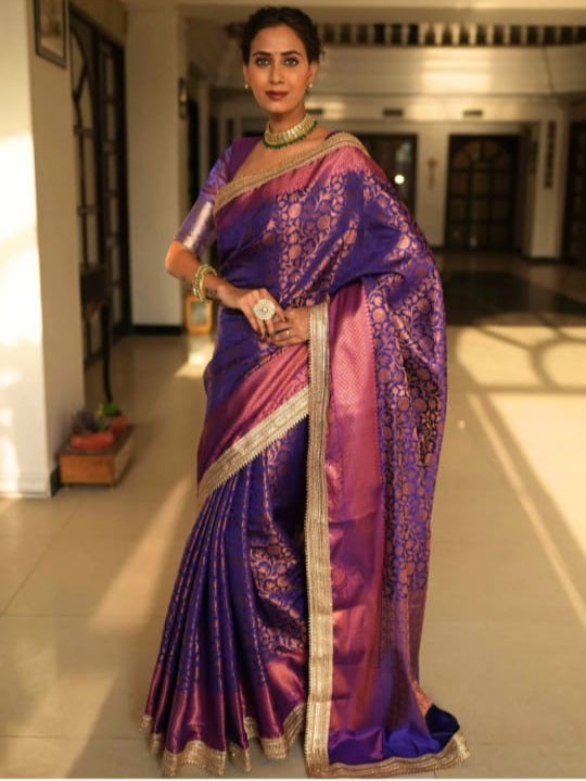 Elegant Purple Banarasi Saree In Tissue Silk with Lace Work