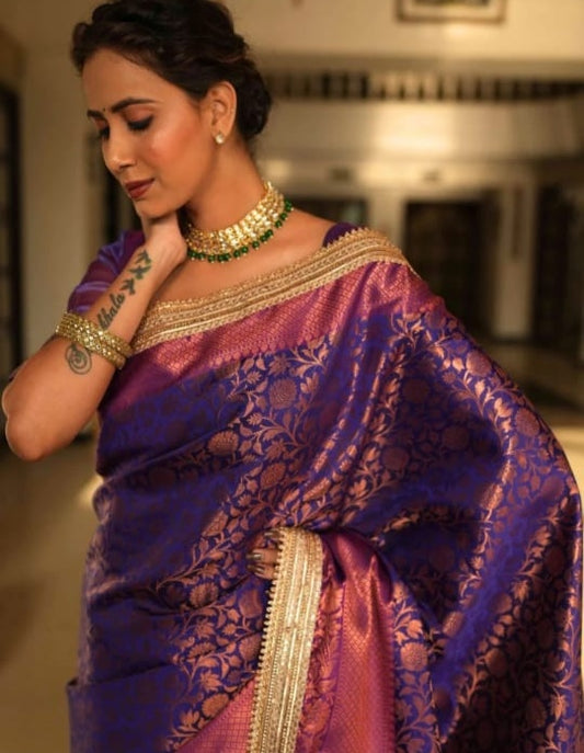 Elegant Purple Banarasi Saree In Tissue Silk with Lace Work