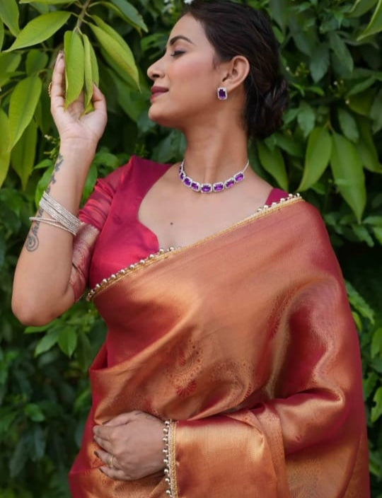 Elegant Cosmi Orange Banarasi Saree in Tissue Silk with Lace Work