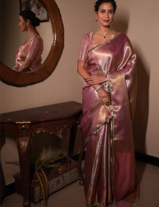 Beautiful Pink Banarasi Saree in Tissue Silk with Lace Work