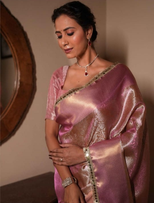 Beautiful Pink Banarasi Saree in Tissue Silk with Lace Work