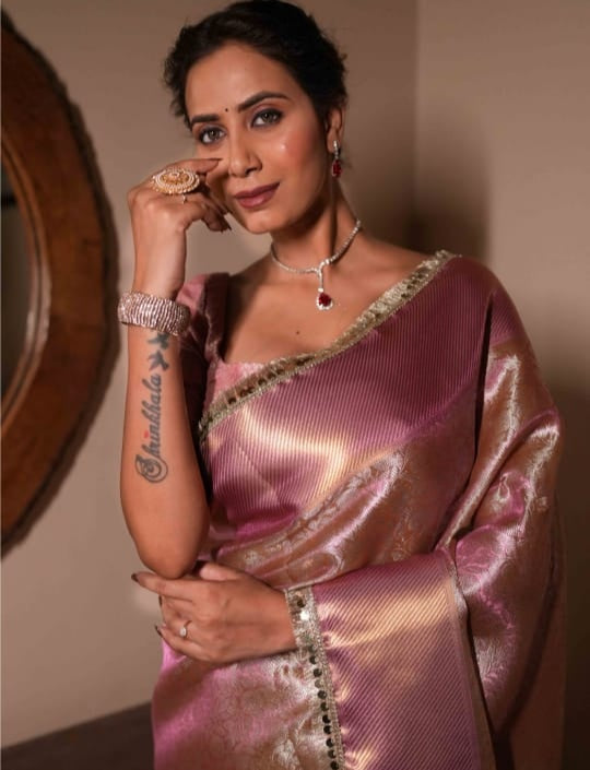 Beautiful Pink Banarasi Saree in Tissue Silk with Lace Work