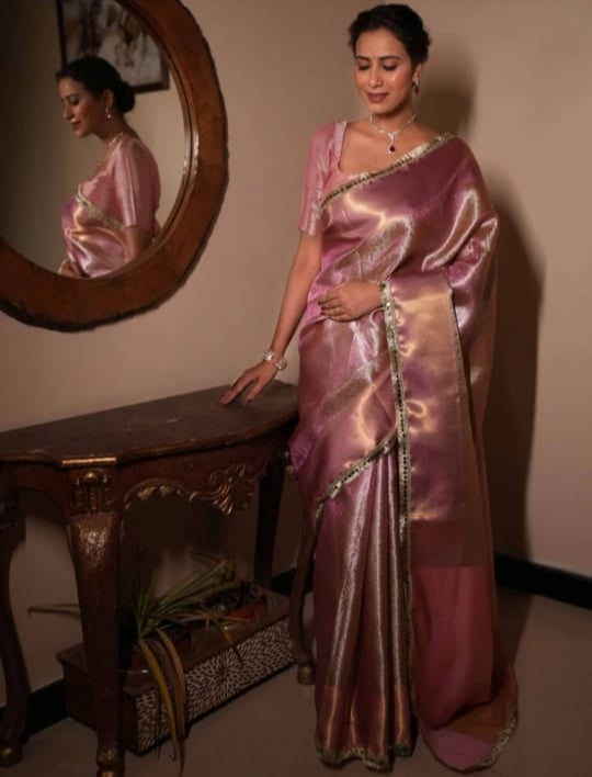 Beautiful Pink Banarasi Saree in Tissue Silk with Lace Work