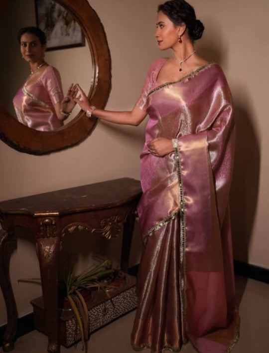 Beautiful Pink Banarasi Saree in Tissue Silk with Lace Work
