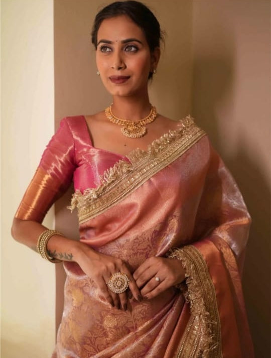 Graceful Pink Banarasi Saree in Tissue Silk with Lace Work