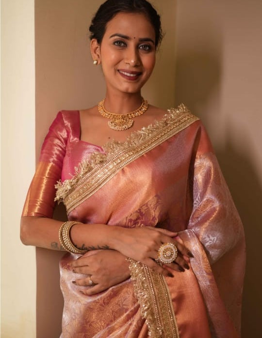 Graceful Pink Banarasi Saree in Tissue Silk with Lace Work