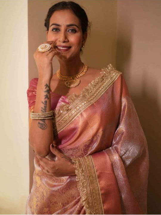 Graceful Pink Banarasi Saree in Tissue Silk with Lace Work