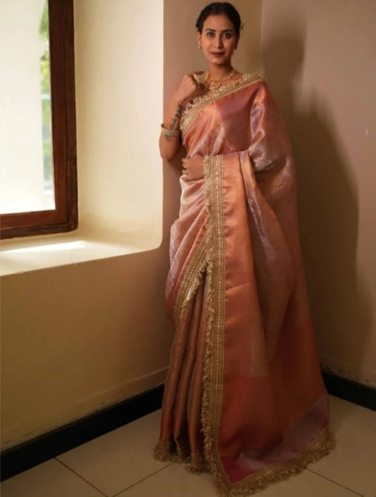 Graceful Pink Banarasi Saree in Tissue Silk with Lace Work