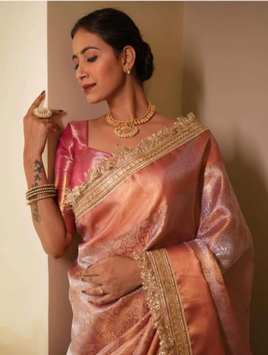 Graceful Pink Banarasi Saree in Tissue Silk with Lace Work