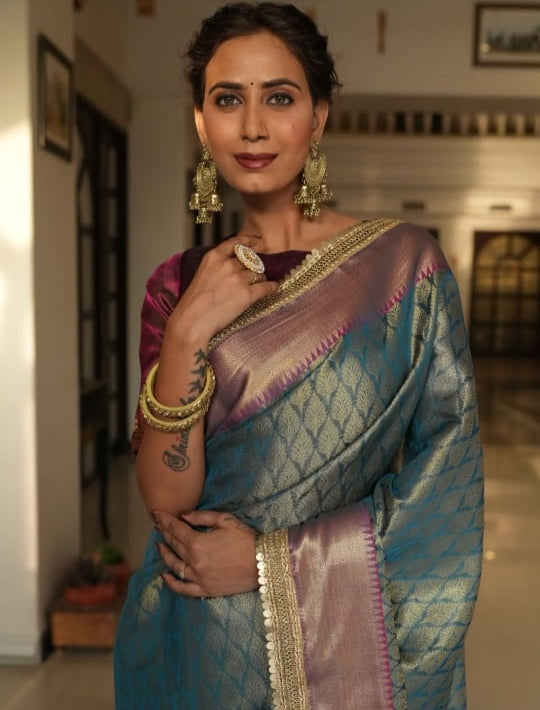 Beautiful Sapphire Banarasi Saree in Semi Silk with Lace Work