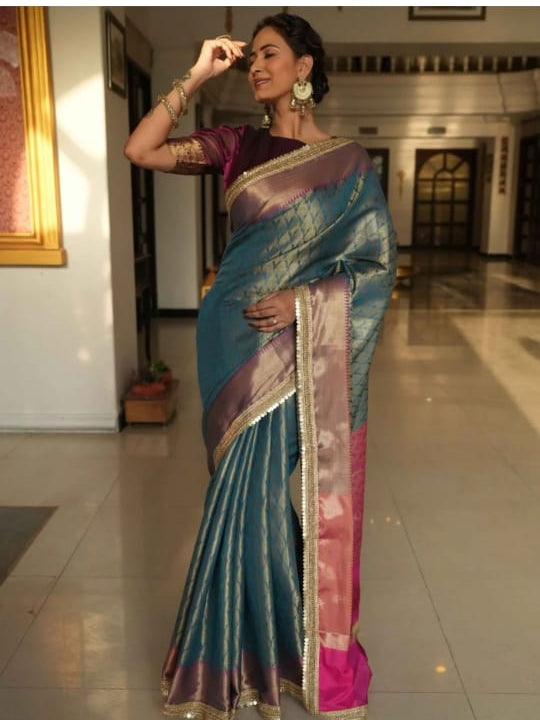 Beautiful Sapphire Banarasi Saree in Semi Silk with Lace Work
