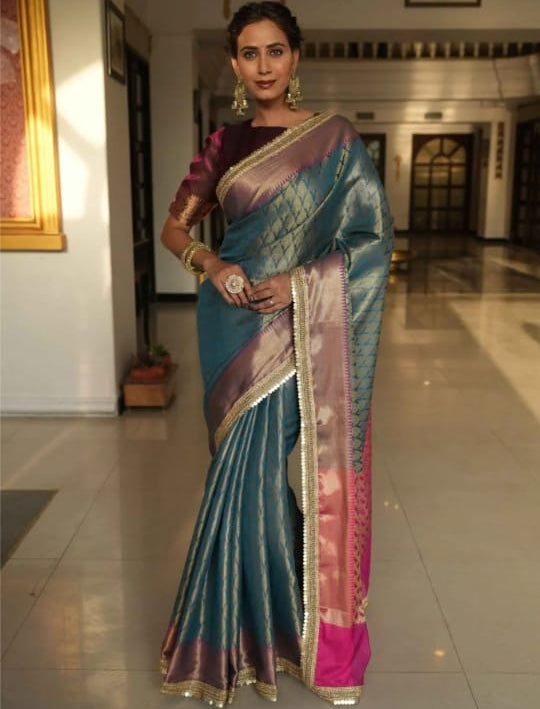 Beautiful Sapphire Banarasi Saree in Semi Silk with Lace Work