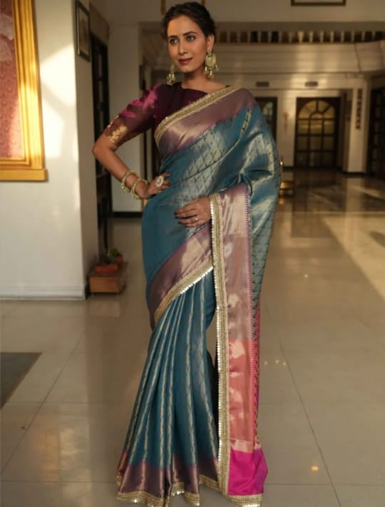 Beautiful Sapphire Banarasi Saree in Semi Silk with Lace Work