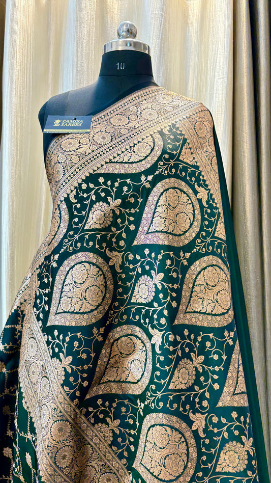 Dark Green Premium Banarasi Satin Katan Silk Saree