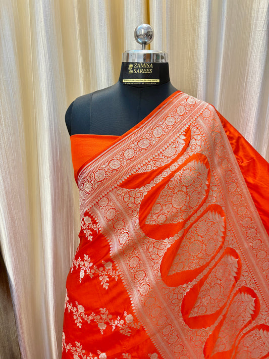 Orange Banarasi Saree in Premium Mashru Katan Silk