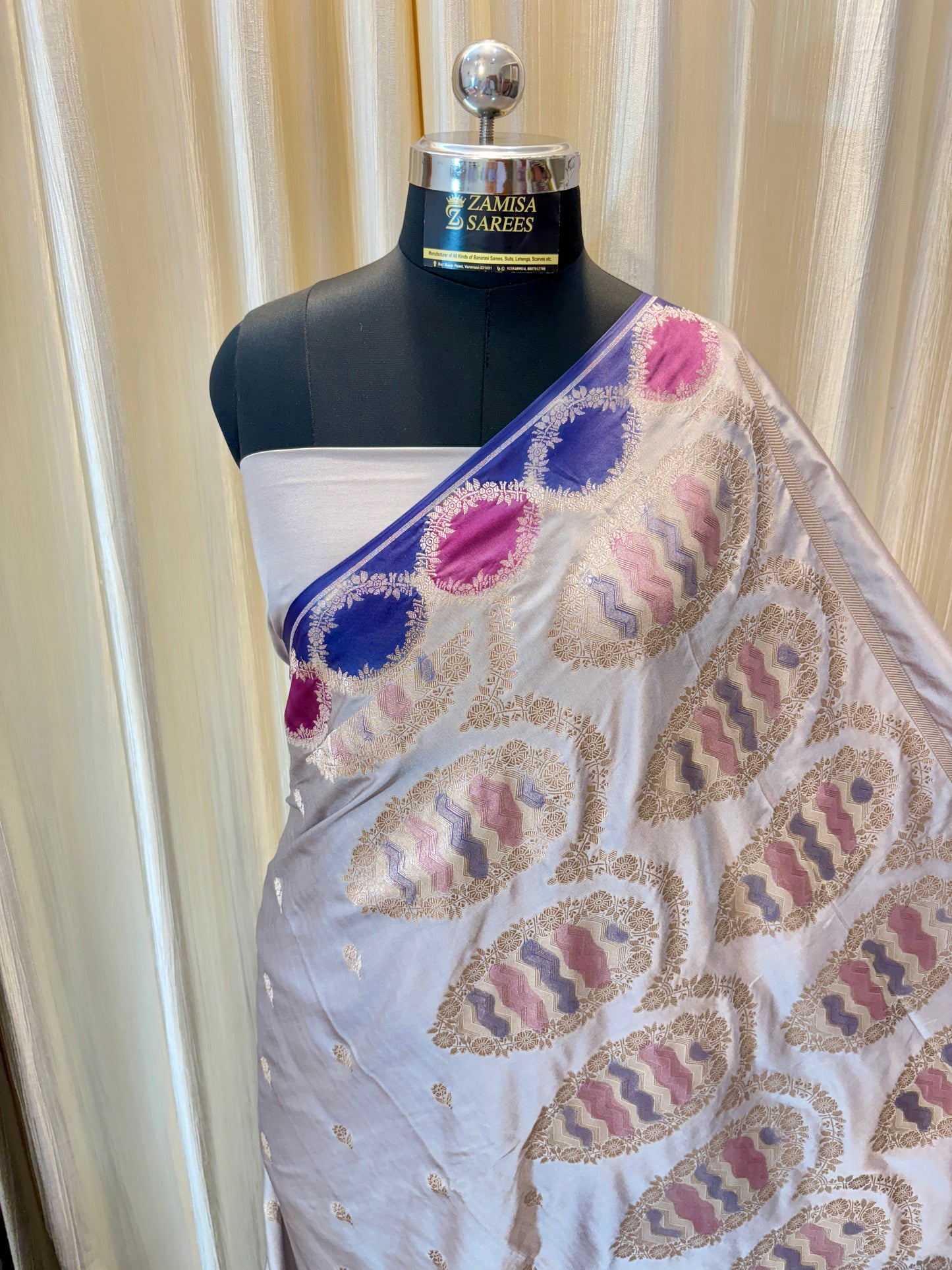 Premium Grey Banarasi Silk Saree with Multicoloured Blocks