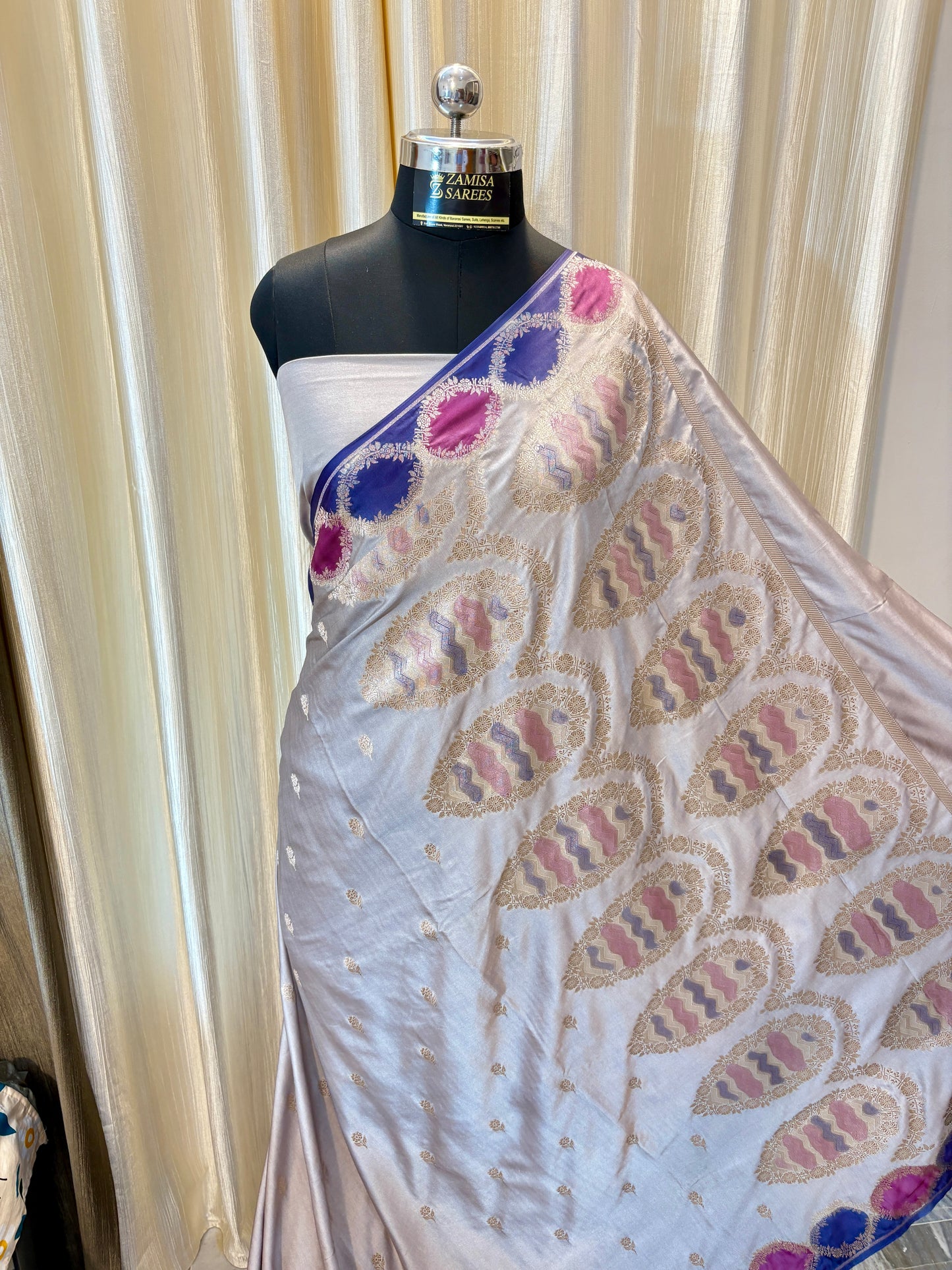 Premium Grey Banarasi Silk Saree with Multicoloured Blocks