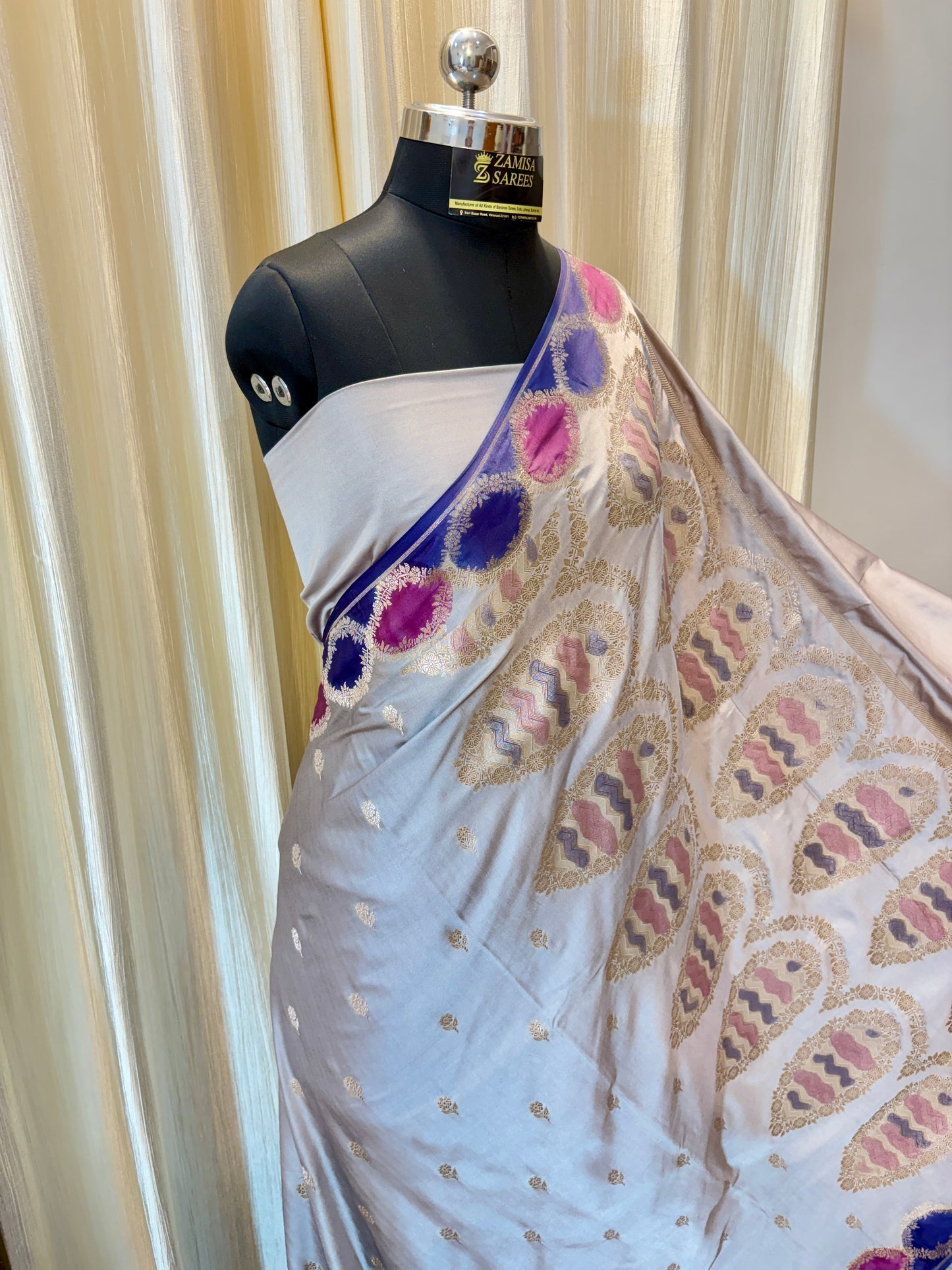 Premium Grey Banarasi Silk Saree with Multicoloured Blocks